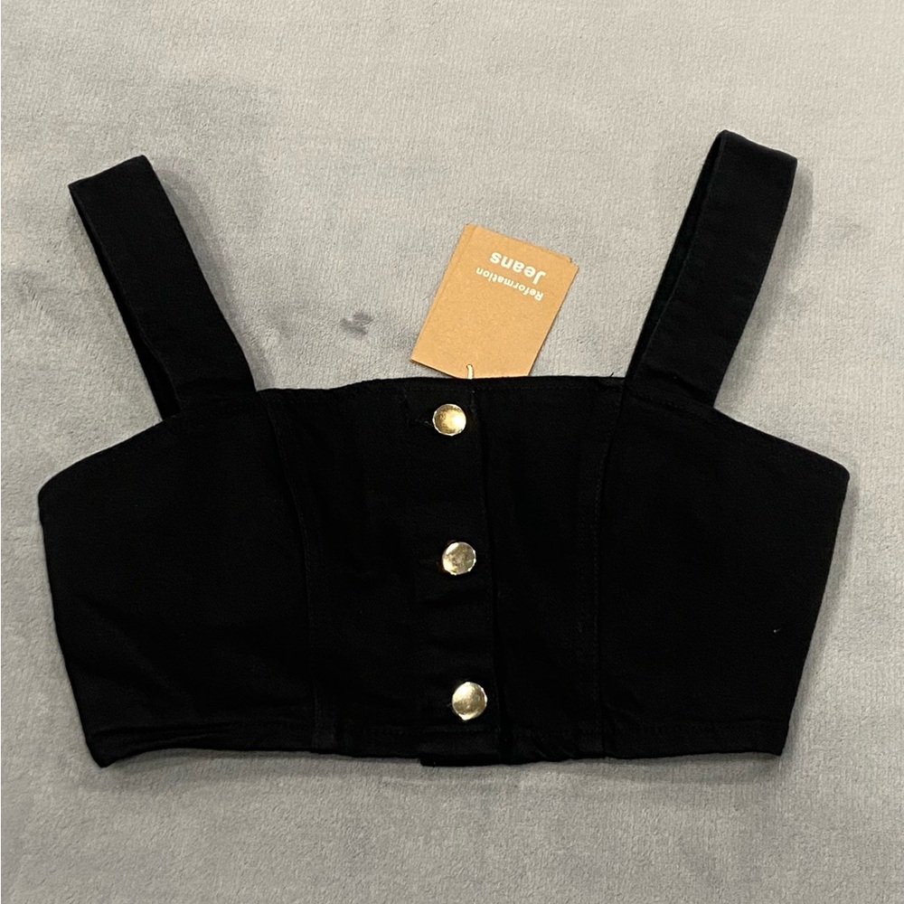 Reformation Black Crop Top with Gold Buttons